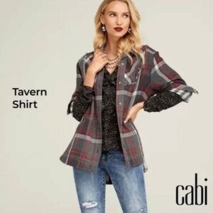 CAbi Women’s #4164 Plaid Tavern Shirt Ruffle Jacket in Gray Red White, sz SM